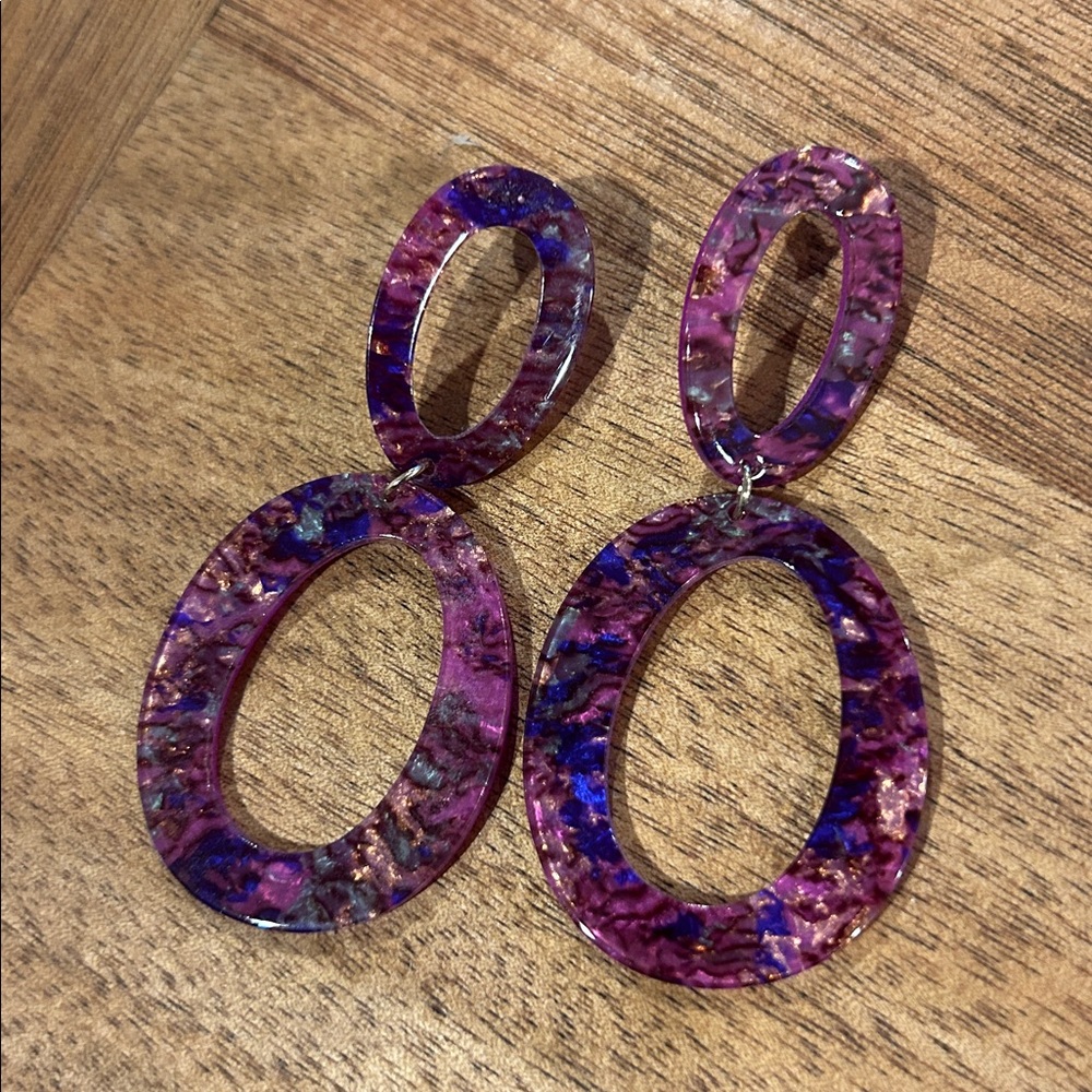 Earrings Post Drop Purple Acrylic Double Oval Multi Color Flecks NWOT